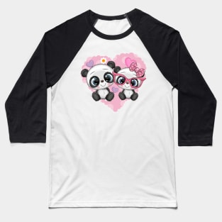 Two cute pandas on a heart background. Baseball T-Shirt